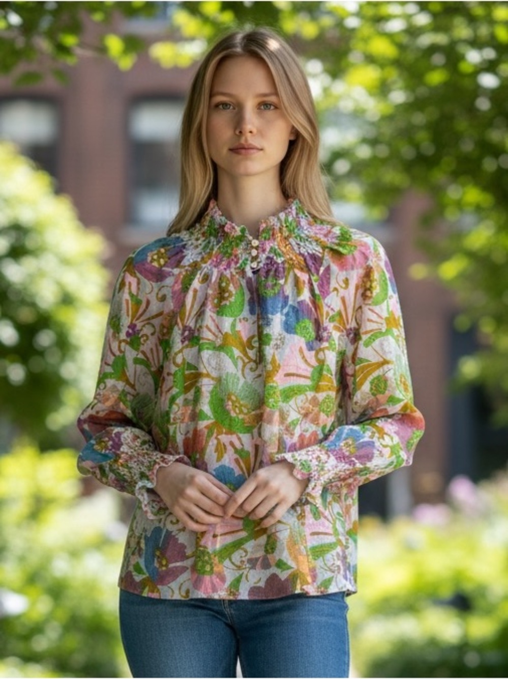 Tanya Taylor Alexis Silk Top in Floral Print with Mock Neck, Size Medium